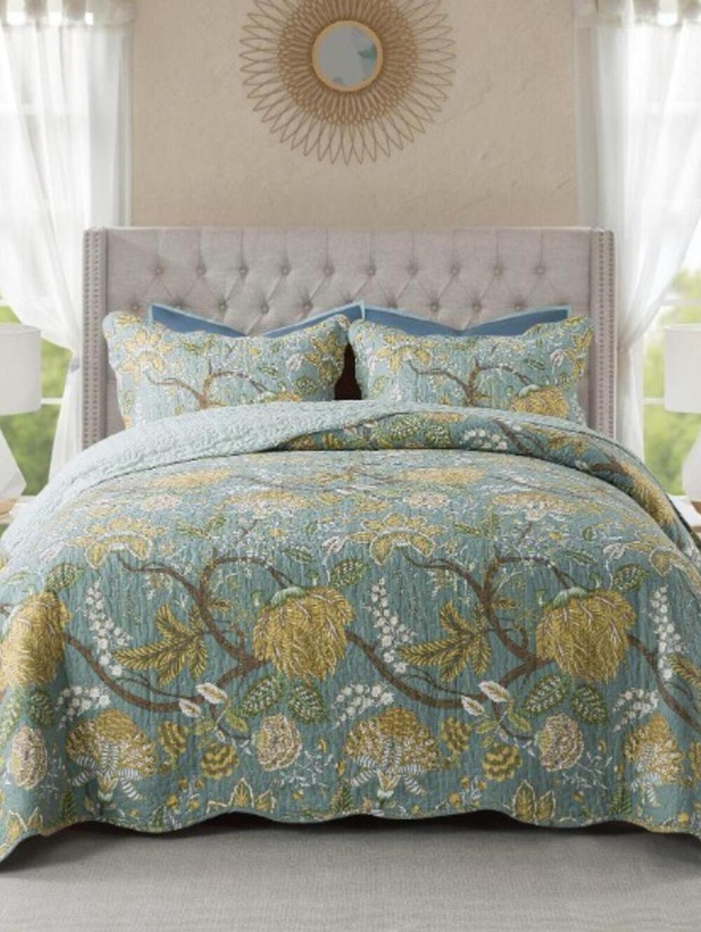 COTTON QUILT SET-GREEN PATCHWORK-QUEEN